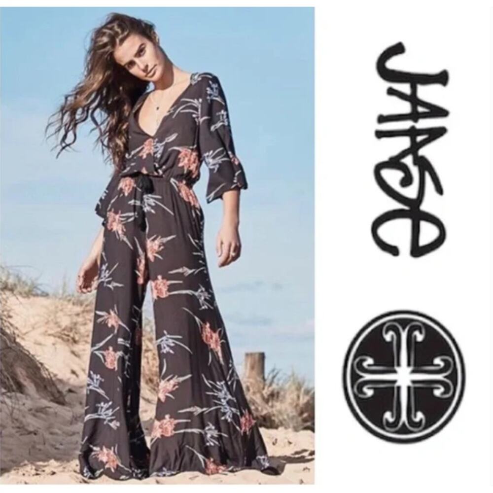 Jaase Anthropologie Jumpsuit Womens S black hawaiian Boho Indie Festival Summer